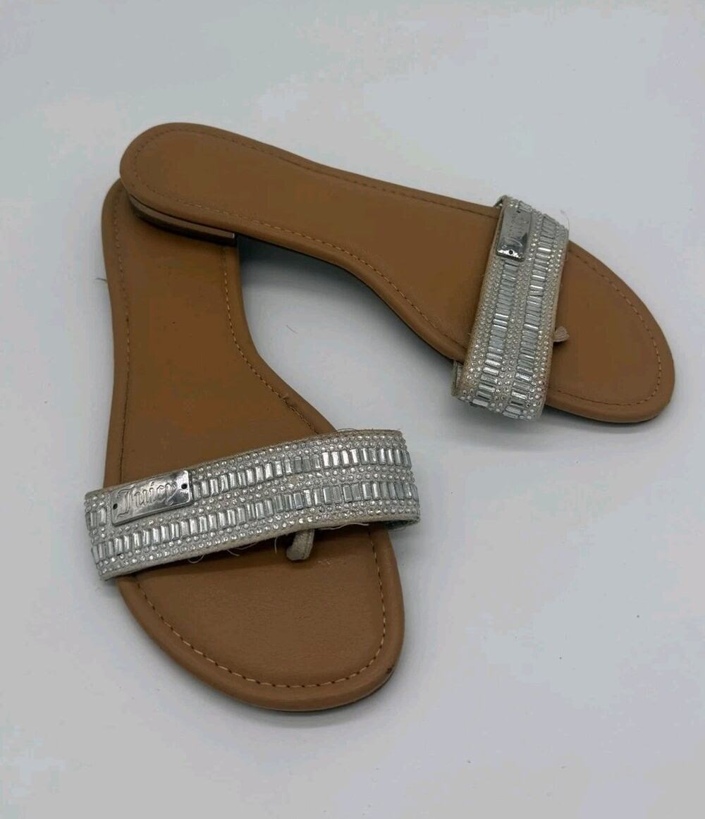 Juicy Couture Sandals Shoes Womens Size 10 Silver Rhinestone Thong Slide Logo